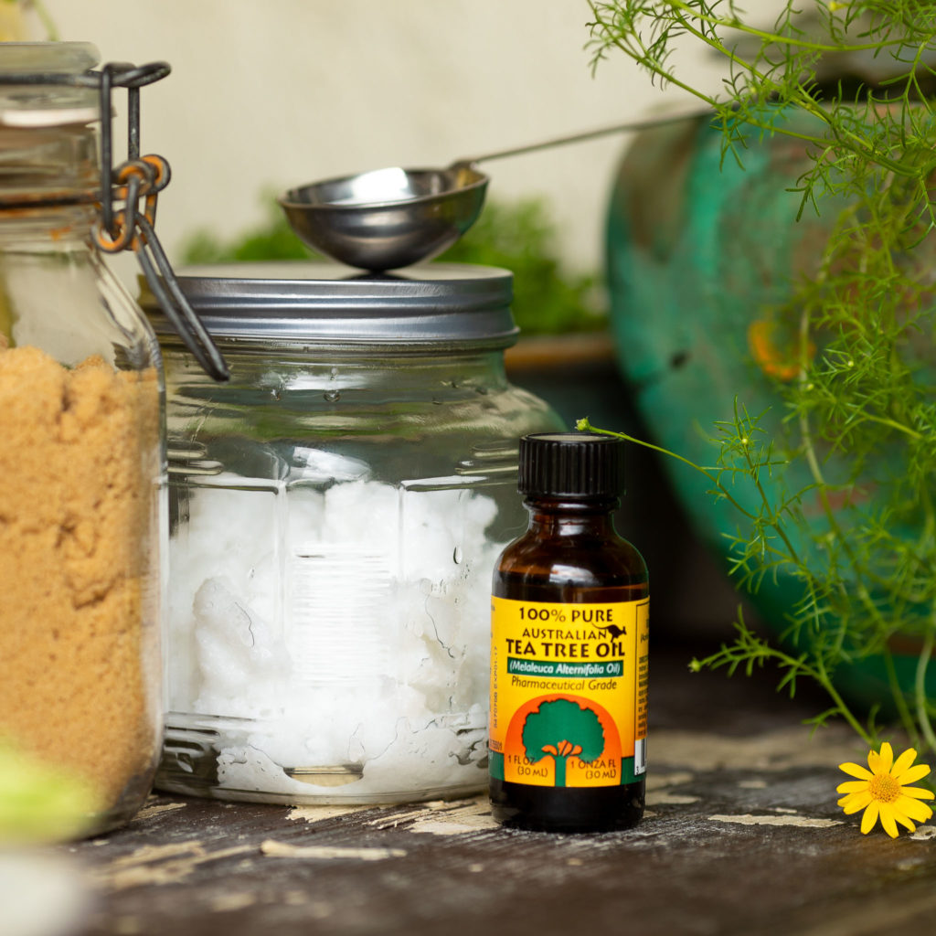 Brown sugar, salt, tea tree oil, ingrediants for Homemade Gardeners Hand Scrub on white potting bench