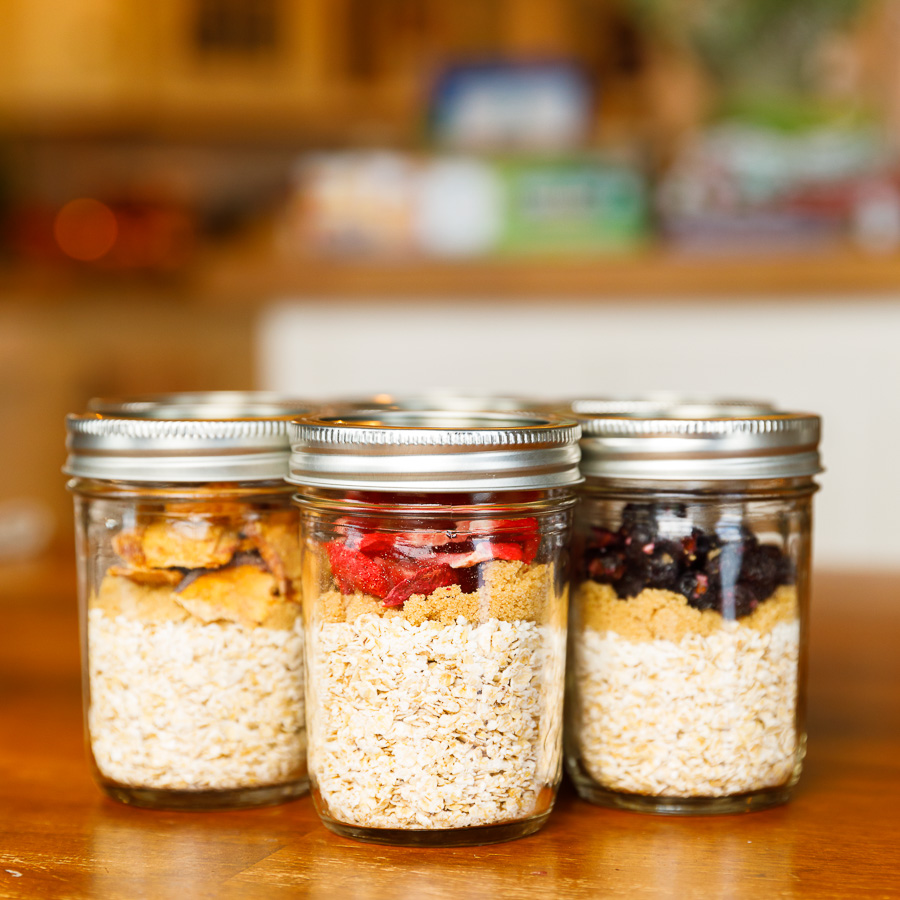 Instant oatmeal packets with dried, apples, strawberries, blueberries.