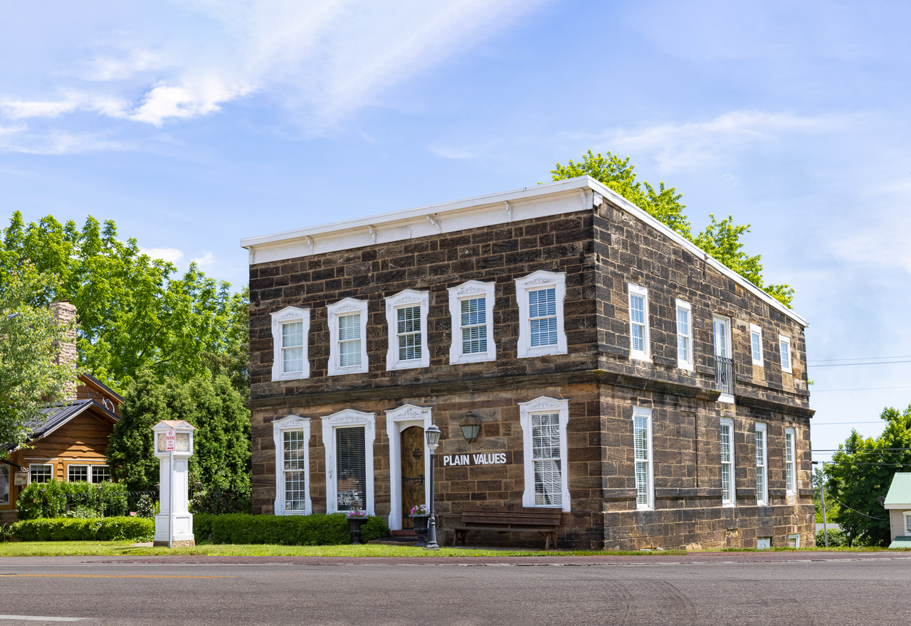 1840s era stone building in downtown Winesburg, Ohio. Offices for Plain Values Magazine and Room to Bloom.