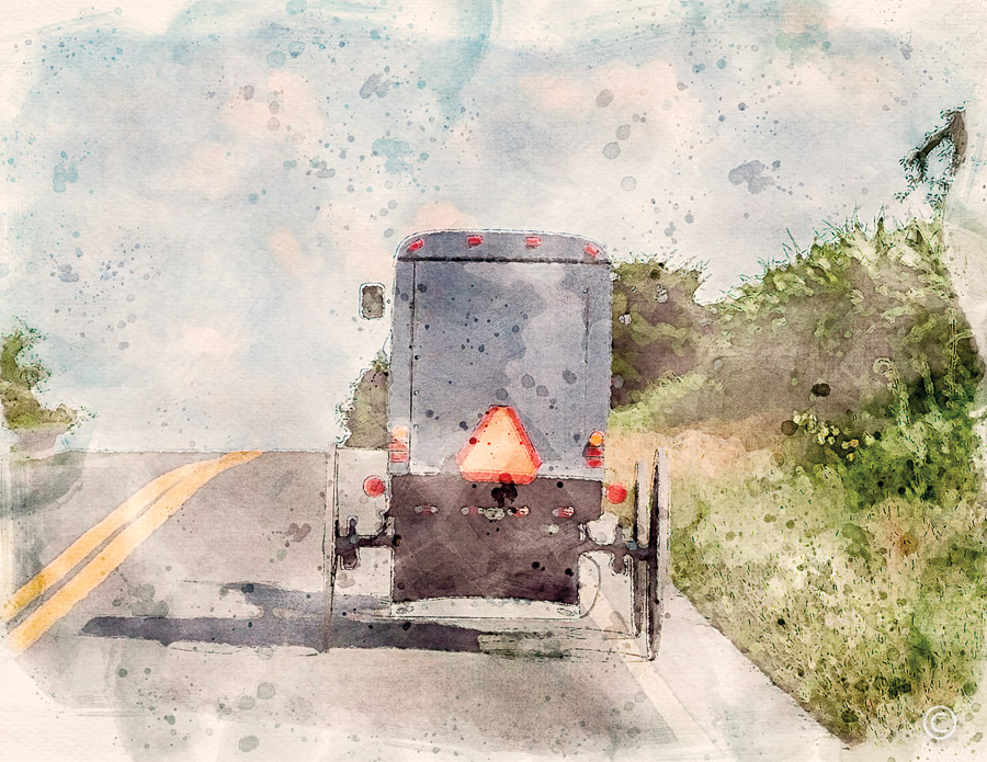 Digital Watercolor of buggy traveling uphill on blacktop road.