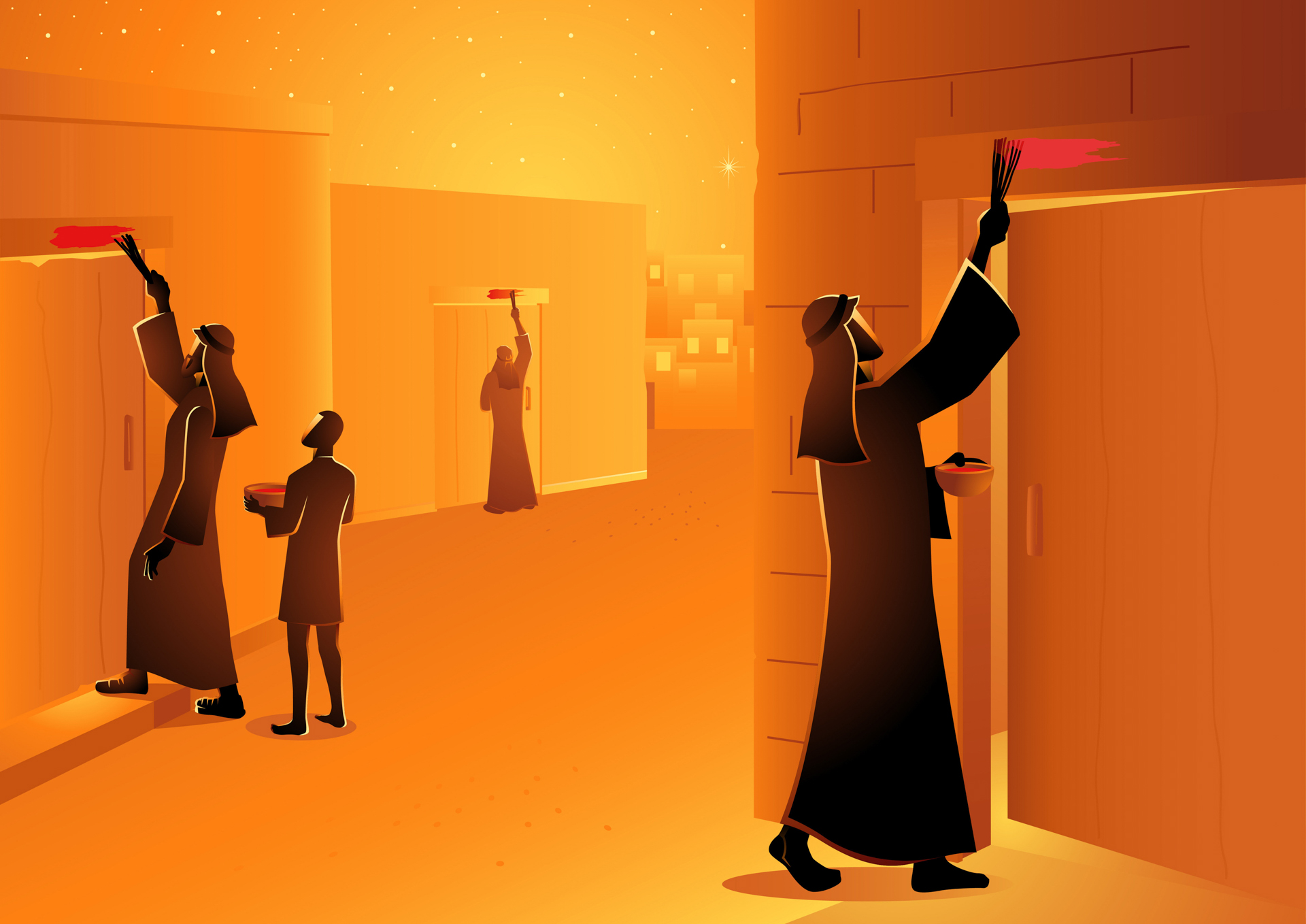 Biblical vector illustration of the Israelites marking their doorposts during passover