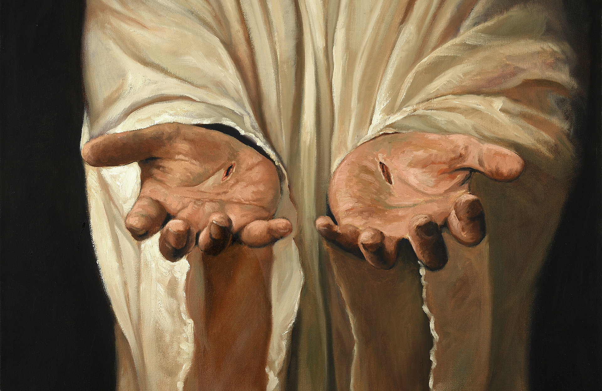 A painting of the nail-scarred hands of Jesus