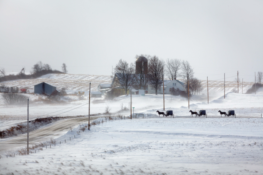 Amish buggies traveling on a snowy road on a cold day.