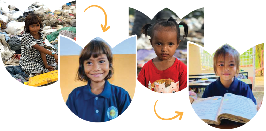 Before and after pictures of two Cambodian girls who used to live in landfills