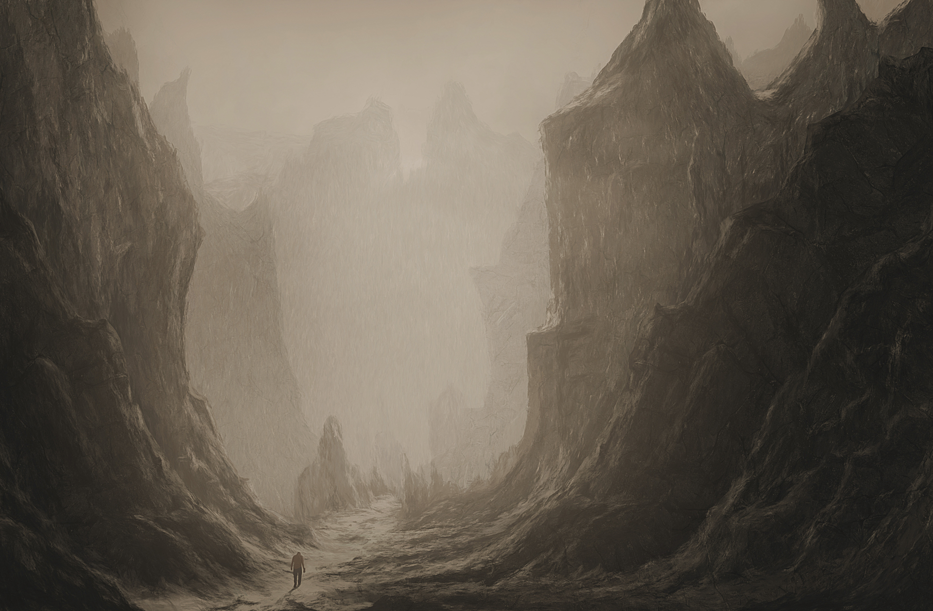 Surreal painting of a man walking through an ominous valley
