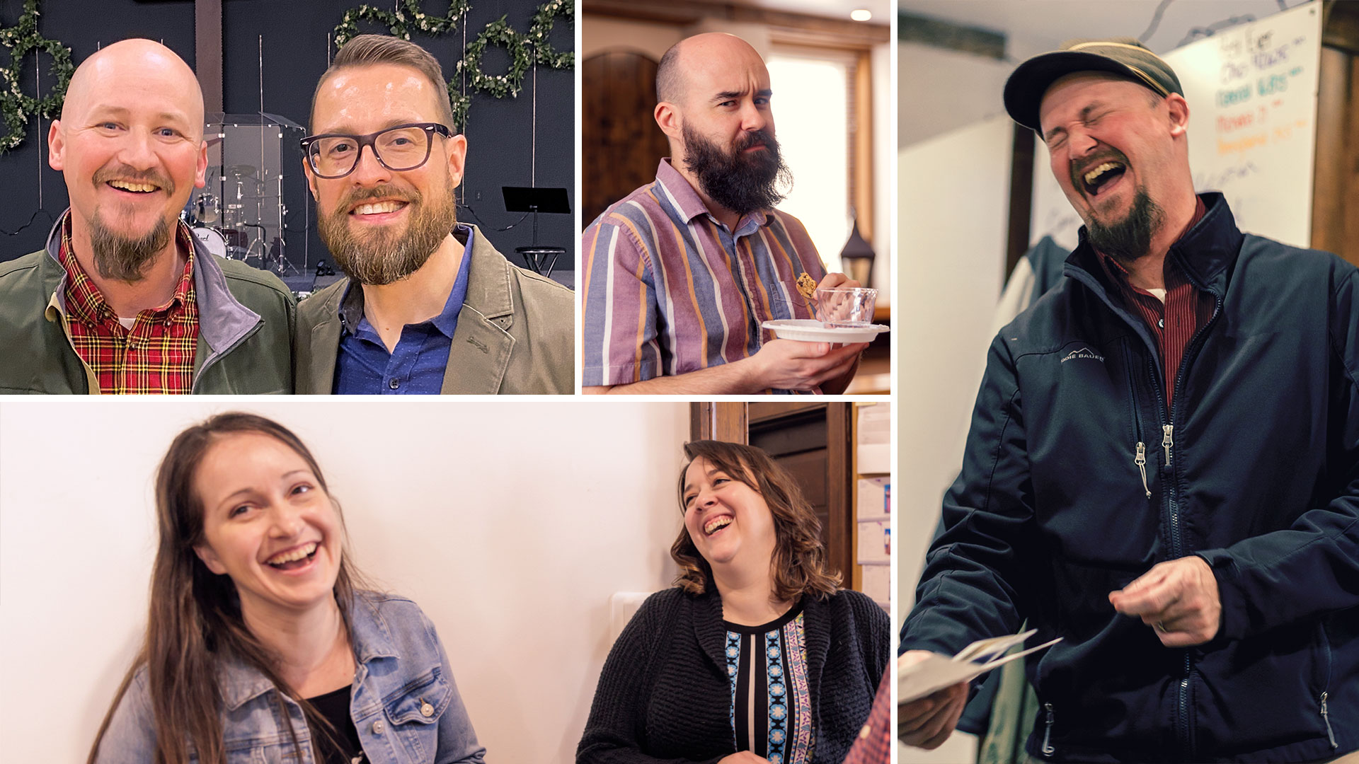 A collage of some of the Plain Values team in funny poses, along with Marlin posing with Brian Dahlen from Moody Radio