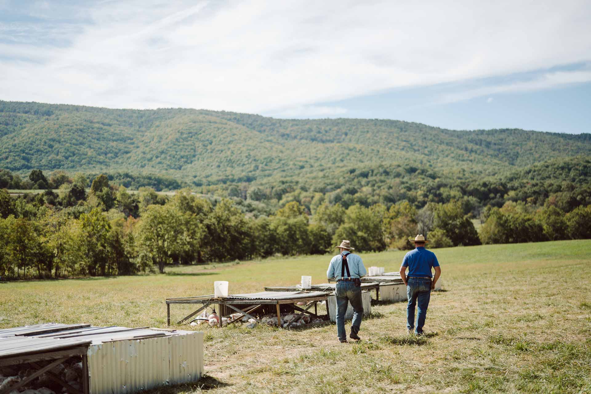 Joel Salatin and his son, Daniel, walking beside their mobile chicken coops. Learning through experience is the best way to learn.