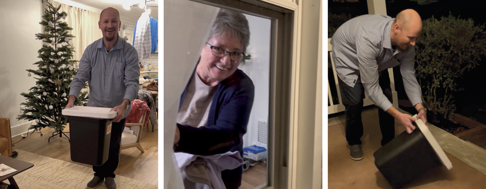 A collage of photos from the February 2023 publisher message. Marlin carries the trapped squirrel outside while his mom stands at the window to watch