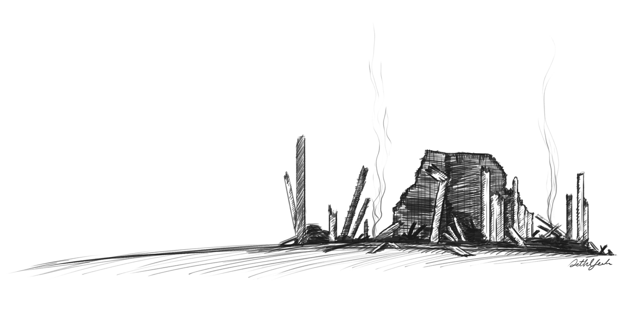 sketch of a barn that has been burned down