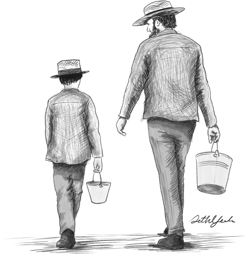 Sketch of a father and son carrying milk pails with Daniel's answer about keeping big families so organized.