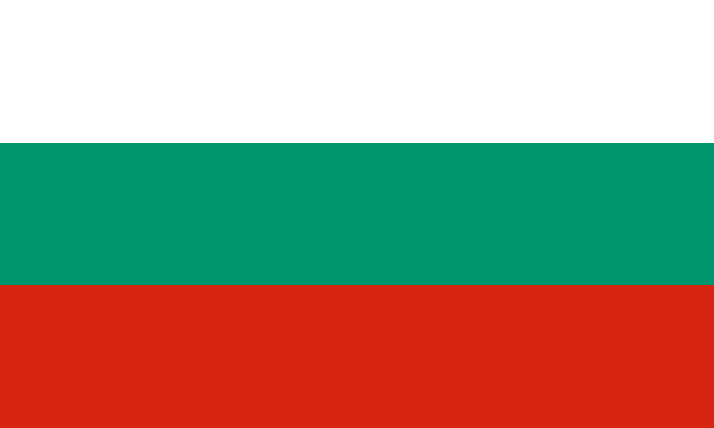 The flag of Bulgaria. Three horizontal bands, the top being white, middle green, and bottom red.