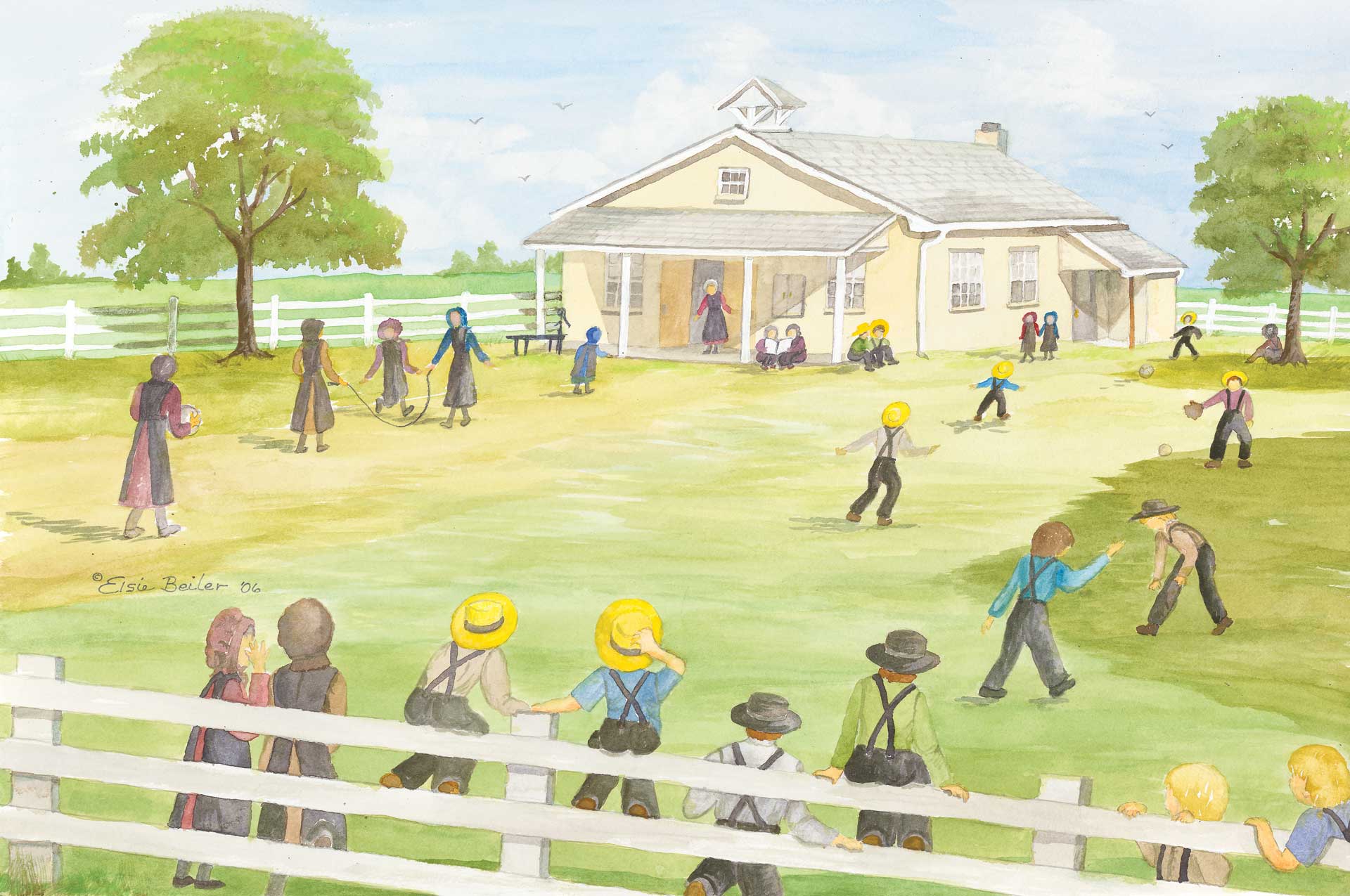 Painting of school kids playing at the Nickel Mines school before the shooting